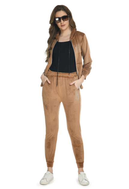 Coffee Brown Winter Velvet Co-ord Set for Women – Hoodie & Jogger Nightwear Tracksuit
