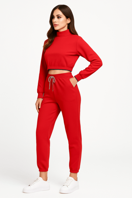 Women's Red Winter Fleece Co-ord Set | Cropped Hoodie & High Waist Jogger